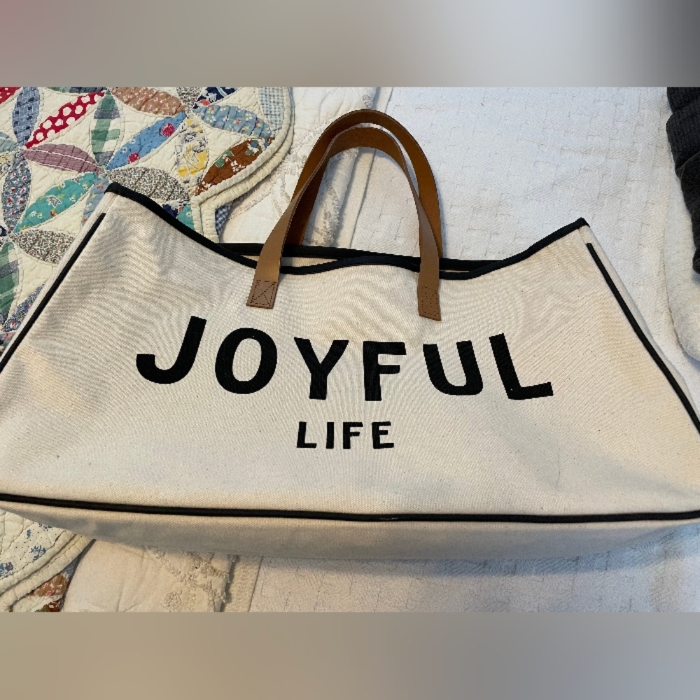 Joyful Life Canvas Tote Bag - Cream and Black
